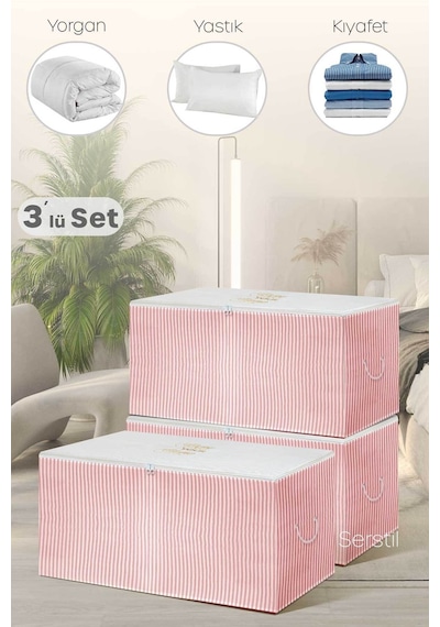 Serstil 3 Adet - Orta Boy Pembe Çizgili Hurç 63 X 40 X 34 Cm