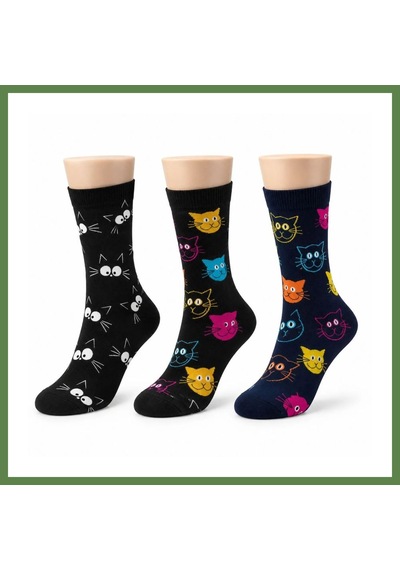Bezos Unisex Kedi Desenli Çorap 3'lü Set Pamuklu Renkli Uzun Soket Dikişsiz Nefes Alan Rahat Günlük Çorap Hb006 Çok  Renkli