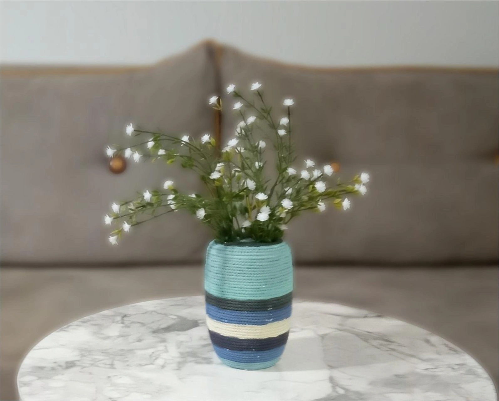 2 Adet Vazo Dahil,vazoda Çiçek,beyaz Yapay Çiçek,vazo Dekoratif Mavi Örgü Poliresin 7x7x16cm Çok Renkli