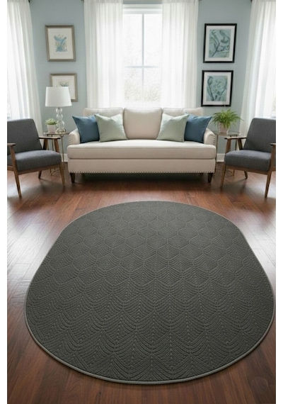 Raschel Carpet Premium Oval Yıkanabilir Leke Tutmaz Yaprak Emboss Koyu Gri Özel Seri Kaymaz Taban Halı Yolluk Koyu Gri