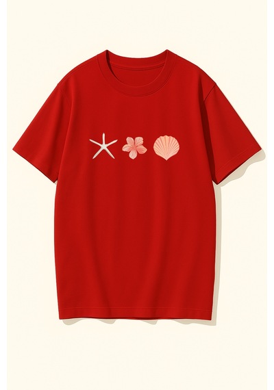 Uyguntarz Unisex İstiridye Kabuk Tasarım Basklı Tshirt Kırmızı