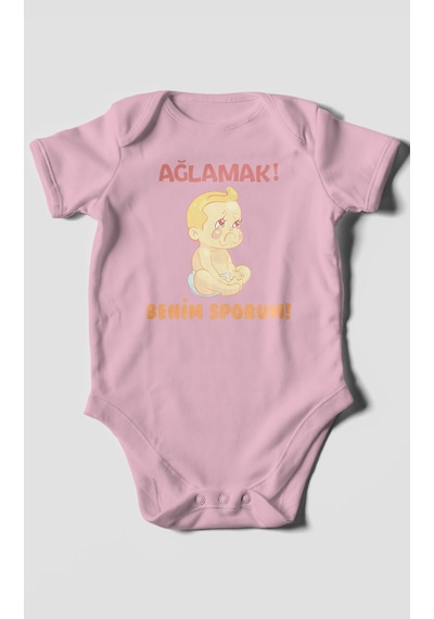 Ağlamak Benim Sporum Baskılı Bebek Zıbını Çıtçıtlı Body %100 Pamuk Kısa Kol Koyu Pembe