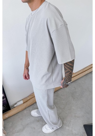 Gri İnce Fitilli Oversize Tişört Gri