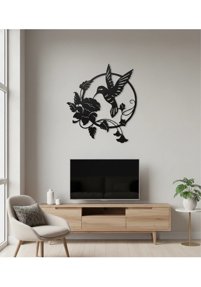 Sinek Kuşu Ve Yaban Gülü Desenli Dekoratif Metal Duvar Tablosu