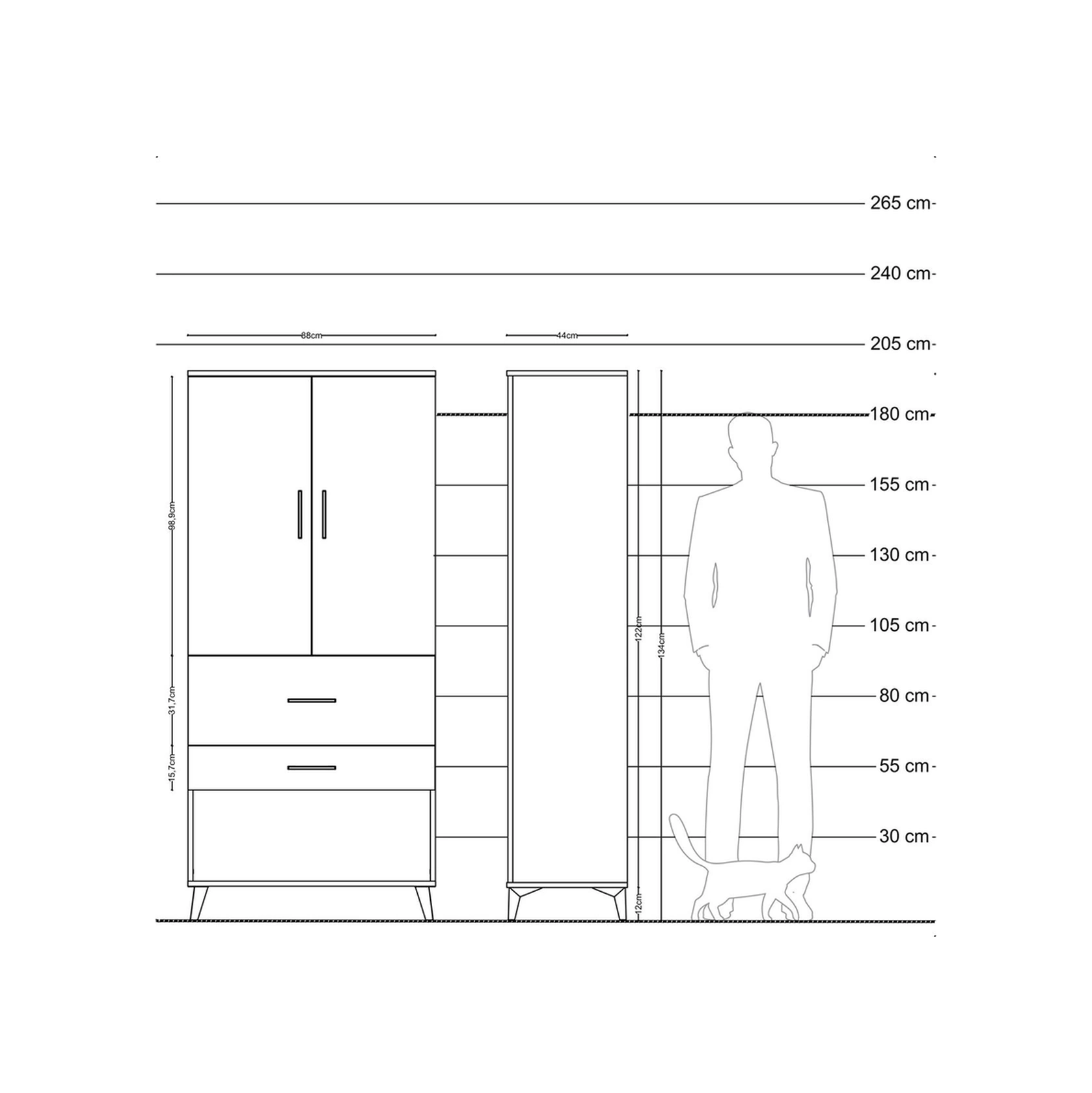 Hyperion Dolap 3 Raflı 2 Çekmeceli 2 Kapaklı 88x44x195 Çam-çam Çam