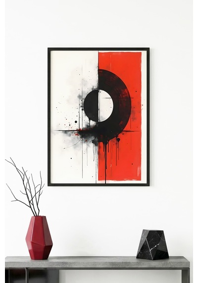 Doğal Ahşap Çerçeveli Soyut Geometrik Desenli Tablo - Canlı Tonlar Huhu1237