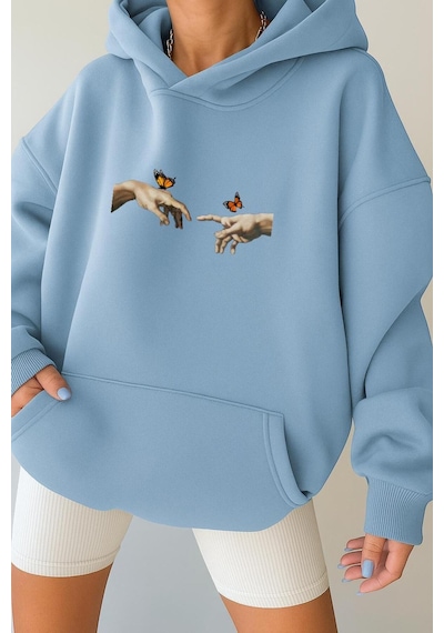 Benroma 3 İplik Penye El Parmak Unisex Kapüşonlu Sweat Bebe Mavisi