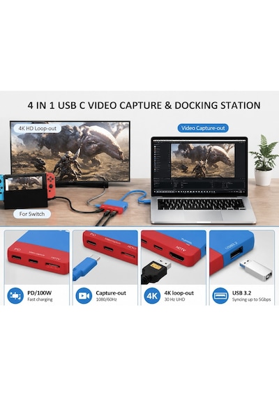 Usb-c Video Capture Docking Station 4in1 Pd 100w 4k Hdmı 1080p 60hz Capture Usb 3.2 Nintendo Switch Uyumlu