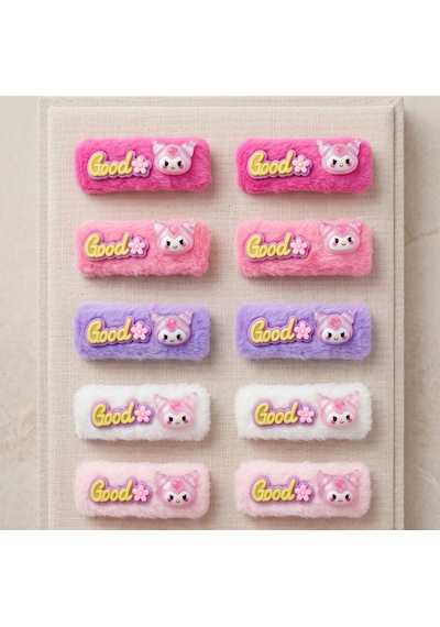 10'lu Set Sevimli Figürlü Good Yazılı Peluş Saç Tokası Çok Renkli