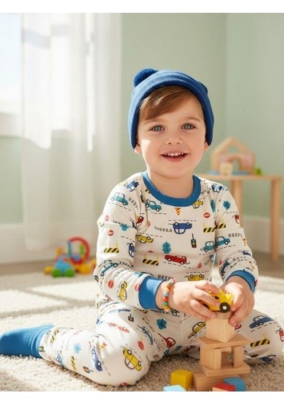 Zekids Erkek Çocuk Pamuklu Araba Desenli Pijama Takımı-16838 Renklı