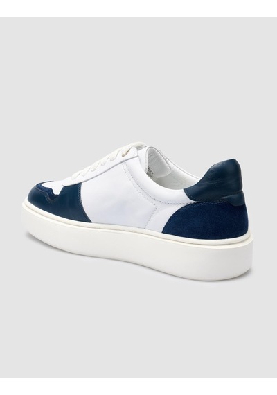 Cabani %100 Hakiki Deri Beyaz - Mavi Bağcıklı Erkek Sneaker Beyaz