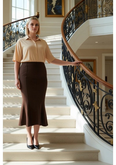 Frm Kadın Moda Stil Maxi Astarsız Örme Büyük Beden Örme Etek Koyu Kahverengi
