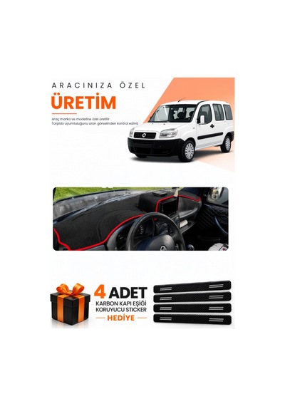 Fıat Doblo 2000-2008 Airbagsiz B.ekran Uyumlu Torpido Koruma Örtüsü Oto Kılıfı - Siyah Kırmızı