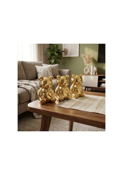 4 Adet Ayı Biblo Fiyonk Detaylı Seramik Dekoratif Obje, Oturan Figür, Parlak Gold, Büyük Boy, Decorative Figurine