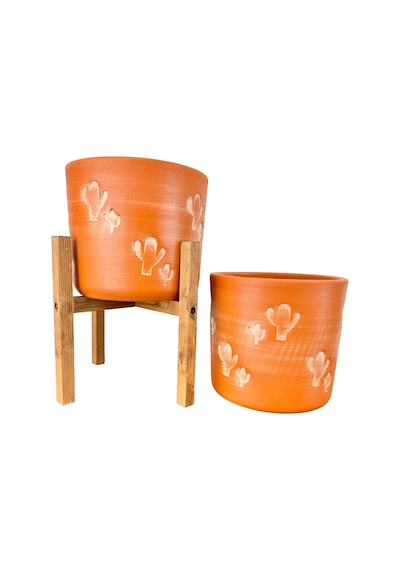 Bitki Tasarımı Ev Dekorasyon Aksesuar Kaktüs Desenli Toprak Saksı Saksılık Salon Çiçeklik İkili Set Ayaksız - 4 Ayaklı- 19 Cm