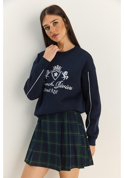 Shade Kadın Bisiklet Yaka Nakış İşlemeli Üç İplik Şardonlu Sweatshirt 60601049 - Lacivert