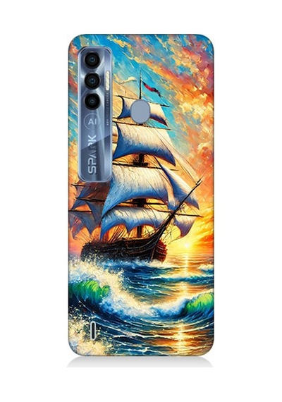 Tecno Spark 7 Pro Uyumlu Fırtınada Yelkenli Gücü Desenli Silikon Kılıf Çok Renkli