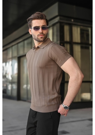 Madmext Açık Kahverengi Slim Fit Polo Yaka Triko Erkek Tişört E7491