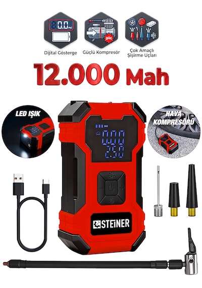 Steiner 12.000 Mah Dijital Ekranlı Kablosuz Lastik Hava Pompası Şarjlı Hava Kompresörü Powerbank Led Işık Kırmızı