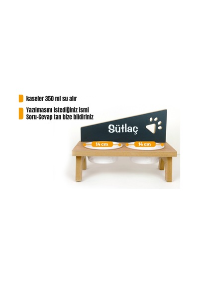 Özel İsimli Seramik Kaseli Kedi- Köpek Mama Ve Su Kabı Stantı-meşe/antrasit.350 Ml.