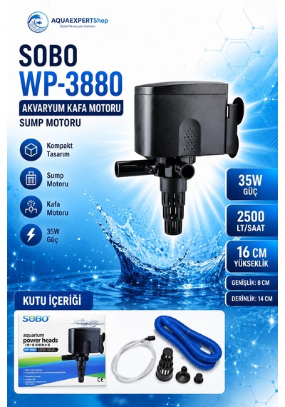 Sobo Akvaryum Kafa Motoru - Sump Motoru - 2500 Lt/saat - 16-8-14 Cm - 35w - Yüksek Su Sirkülasyonu - Wp 3880