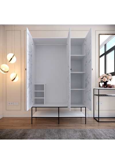 Pasific Home Martin 3 Kapaklı Gardırop Elbise Dolabı, Beyaz& Beyaz Mermer