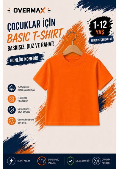 Overmax Çocuk Basic Tişört Baskısız Düz Kısa Kollu Unisex Günlük T-shirt 1-12 Yaş Turuncu - 903023229 Turuncu