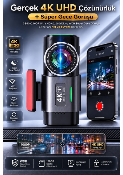 4k Ultra Hd Araç Kamerası Çift Lens Ön Arka Wi-fi Gps Park Modu Gece Görüşlü G-sensörlü Araç İçi Güvenlik Kamerası