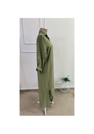 Butik İstanbul Kadın Uzun Kollu Yakalı Önden Düğmeli Geniş Kesim Detaylı Uzun Elbise Turuncu