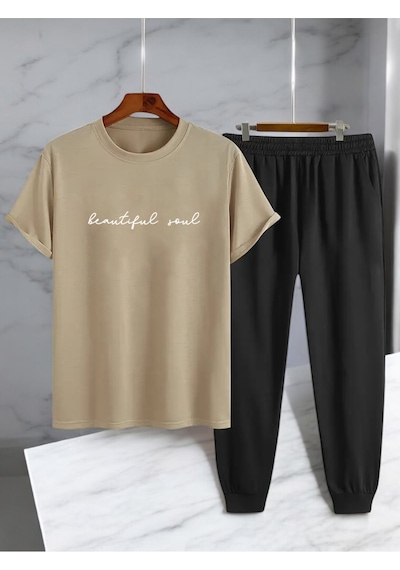 Uyguntarz Unisex Beatiful Soul Tasarım Basklı Tshirt Eşofman Takımı Bej