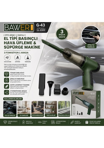 Bawer G-43 El Tipi Basınçlı Hava Üfleme Ve Süpürge Makine 3 Başlık Sarjlı Oto Araç