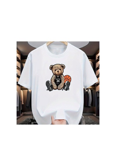 Caddemia Yaz  Moda Rahat Gevşek Artı Boyutu Eğlence Ayı Baskılı Spor Yuvarlak Bo Beyaz 2XL