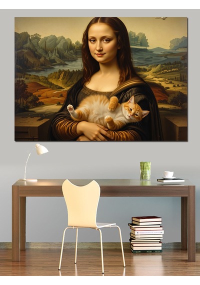 Kedi Tutan Mona Lisa Versiyonu Dekoratif Kanvas - Mdf Ahşap Tablo