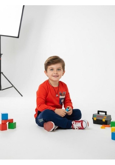 Zekids Erkek Çocuk Pamuklu Baskılı Uzun Kollu Pijama Takımı-16839 Nar