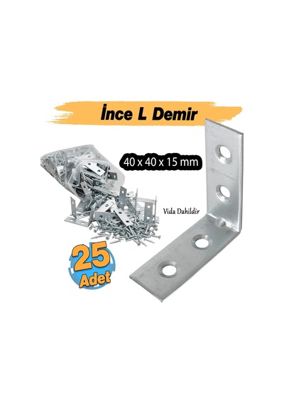 25 Adet Metal Köşebent 40x40x15 Mm İnce L Demiri Gönye Mobilya Duvar Sabitleme Bağlantı Apara