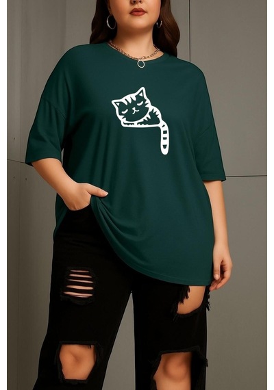 Büyük Beden Çizgili Uykusuz Kedi Baskılı Unisex Tişört Yeşil
