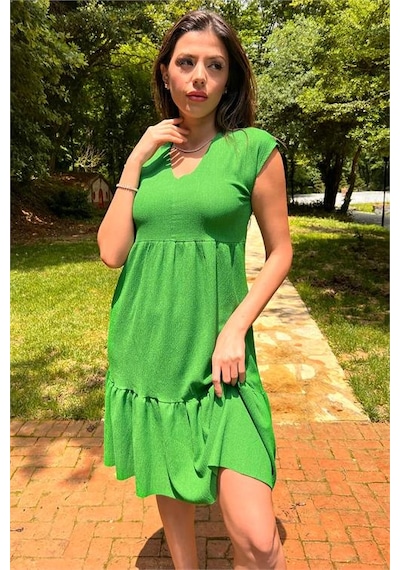 Neşeli Butik Kadın Yeşil V-yaka Eteği Fırfırlı Yazlık Elbise Lptr02 Yeşil