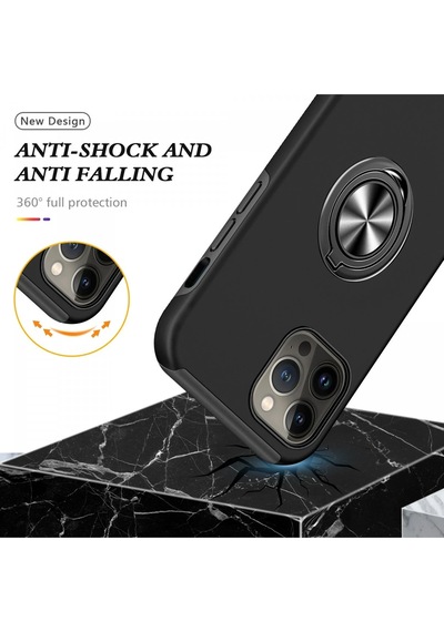 Newface Apple iPhone Uyumlu 13 Pro Max Kılıf Elit Yüzüklü Kapak Semeglbl - 68 - Siyah