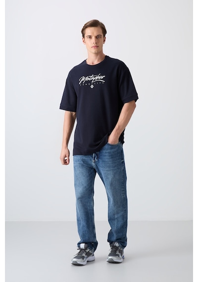 Tommy Life Lacivert Pamuklu Kalın Yumuşak Dokulu Oversize Fit Baskılı Erkek T-shirt - 88320 Lacivert