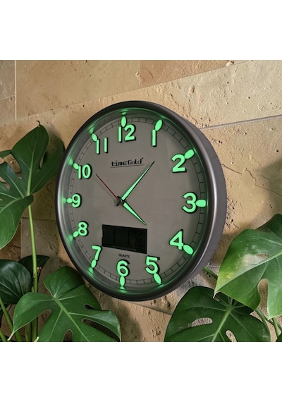 Fosforlu Termometreli Isı Ölçer Dijitalli Kabartma Rakam Duvar Saati Çap 28 Cm Gümüş