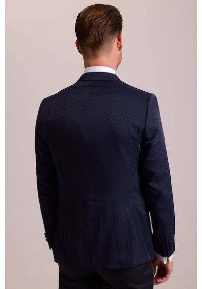 Ysf Erkek Lacivert Kırlangıç Yaka Yelekli Desenli Slim Fit Damatlık