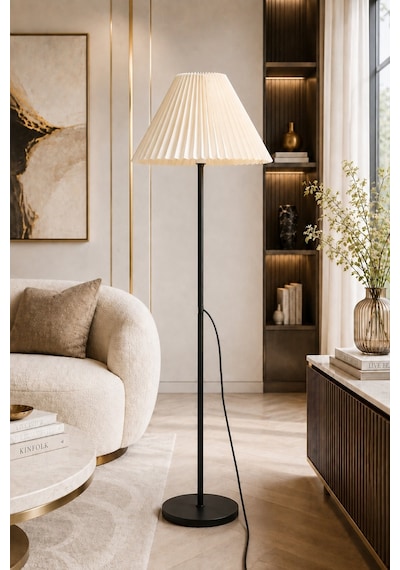 Umbrella Lambader Siyah Metal Tek Ayaklı Lamba Krem Modern Kırma Kumaş Başlık Lam07