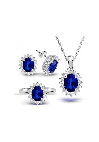 Kuyumcudukkani Safir Renk Klasik Antruaj Yüzük Küpe Kolye Seti-24096-w-blu Beyaz