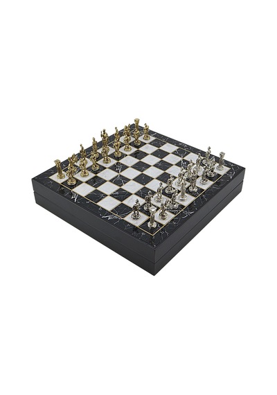 Gifthome Orta Boy Metal Roma İmparatorluğu Satranç Takımı Parlak Ve Mermer Desenli Sandıklı Mdf Tahtası 36x36x6 Cm.
