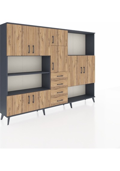 Arges Dolap 10 Raflı 4 Çekmeceli 8 Kapaklı 220x30x163 Antrasit-ça Antrasit-çam