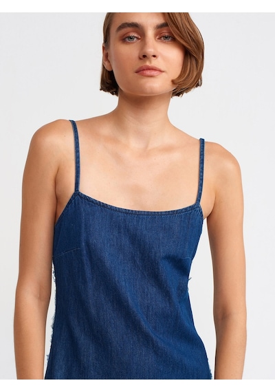 Dilvin 90526 Askılı Koyu Renk Denim Elbise-Lacivert
