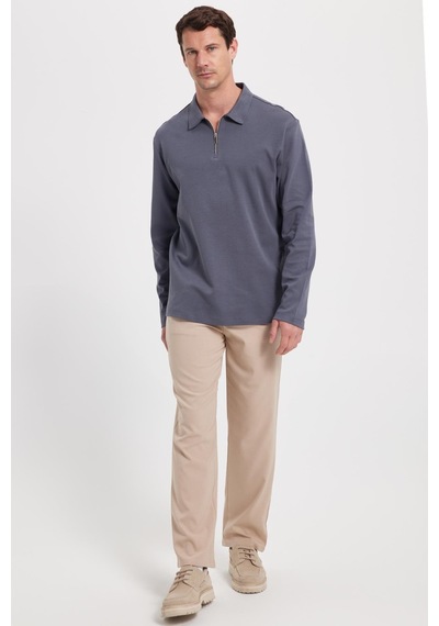 Tudors Erkek Relax Fit Rahat Kesim %100 Pamuk Yarım Fermuarlı Polo Yaka İnterlok Antrasit Sweatshirt-42172 Antrasit