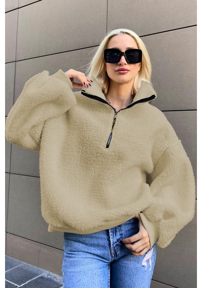 Bej Peluş Fermuar Yaka Sweatshirt Mg1413 Bej