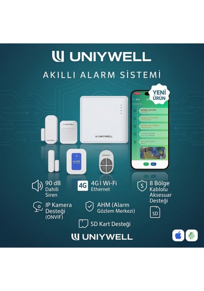 Uniywell 4g + Wi-fi + Ethernet Akıllı Alarm Sistemi - 90 Db Dahili Sirenli, Ip Kamera Onvıf Ve 8 Bölge Kablolu Aksesuar Destekli Güvenlik Seti 1 Yıl Alarm Çağrı Merkezi Hizmeti + Akü