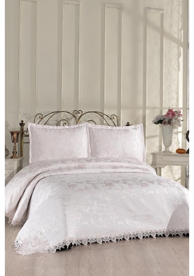 Çeyiz Diyarı Fransız Dantelli Alveria Çift Kişilik Yatak Örtüsü 230x250 Cm Krem